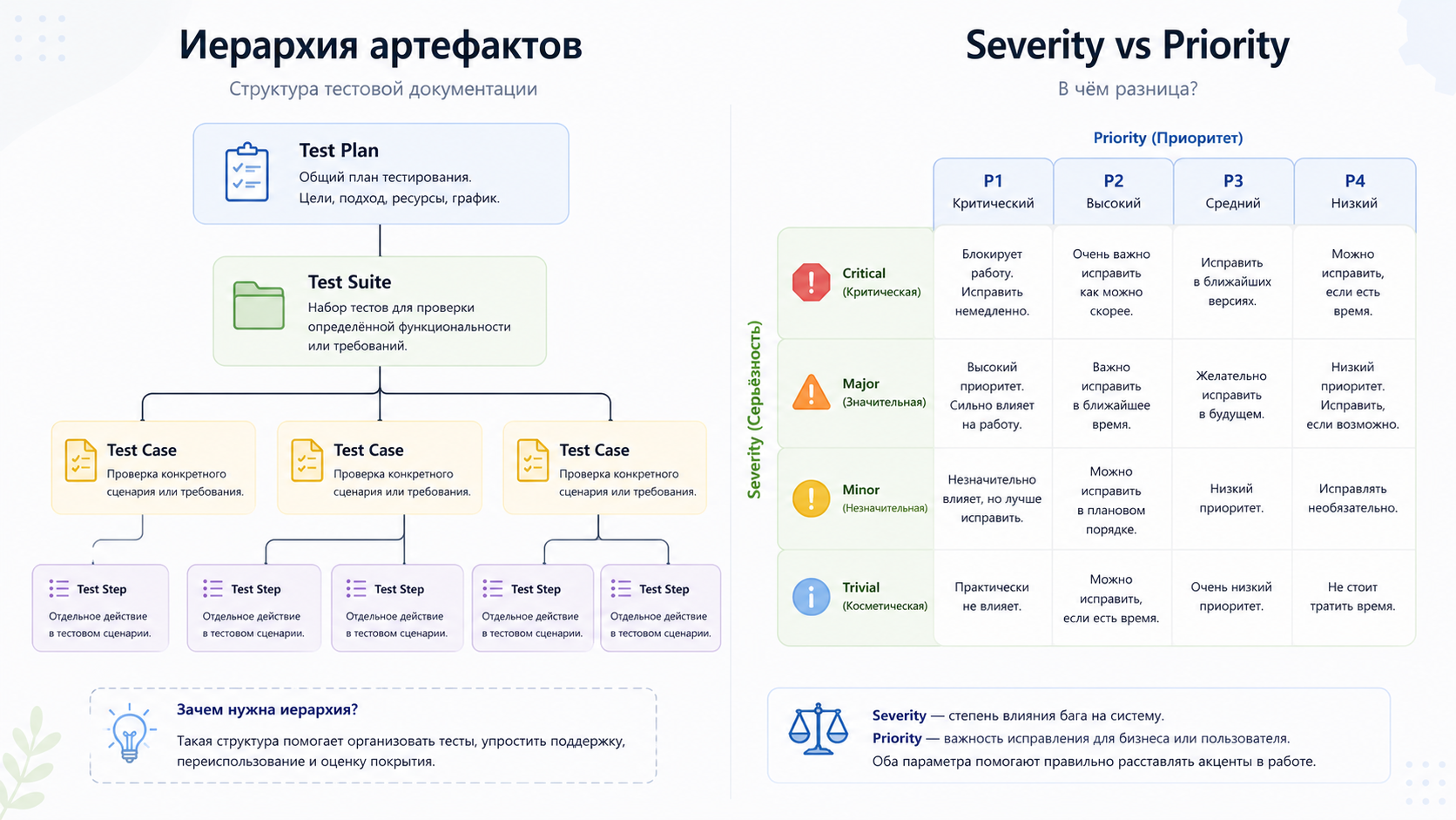 Иерархия артефактов: Test Plan → Test Suite → Test Case → Test Step