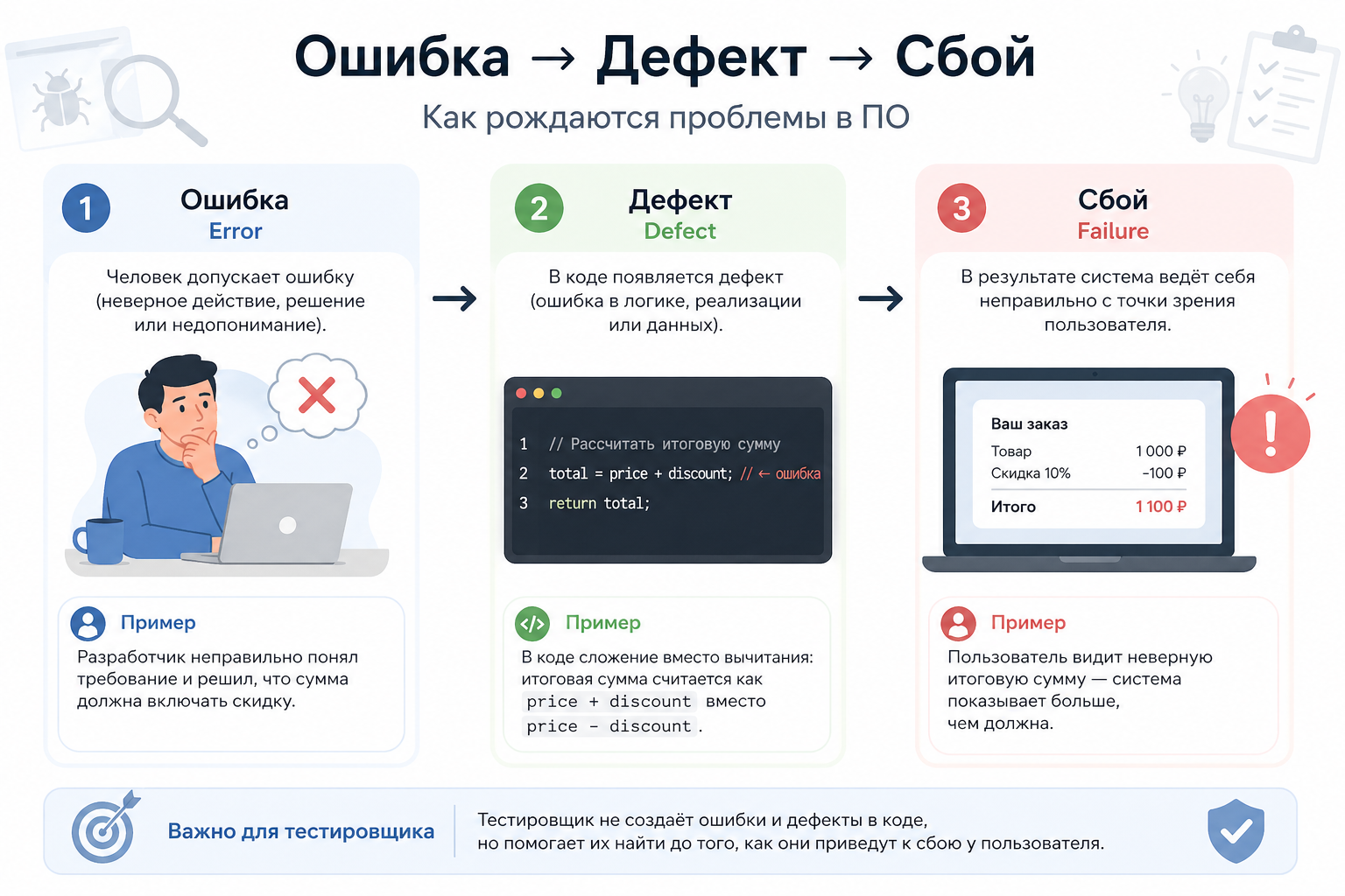Цепочка: Error → Defect → Failure