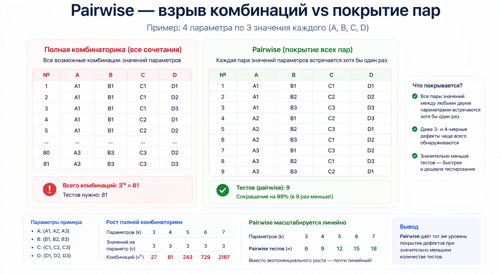 Pairwise: покрытие всех пар при минимальном числе тестов