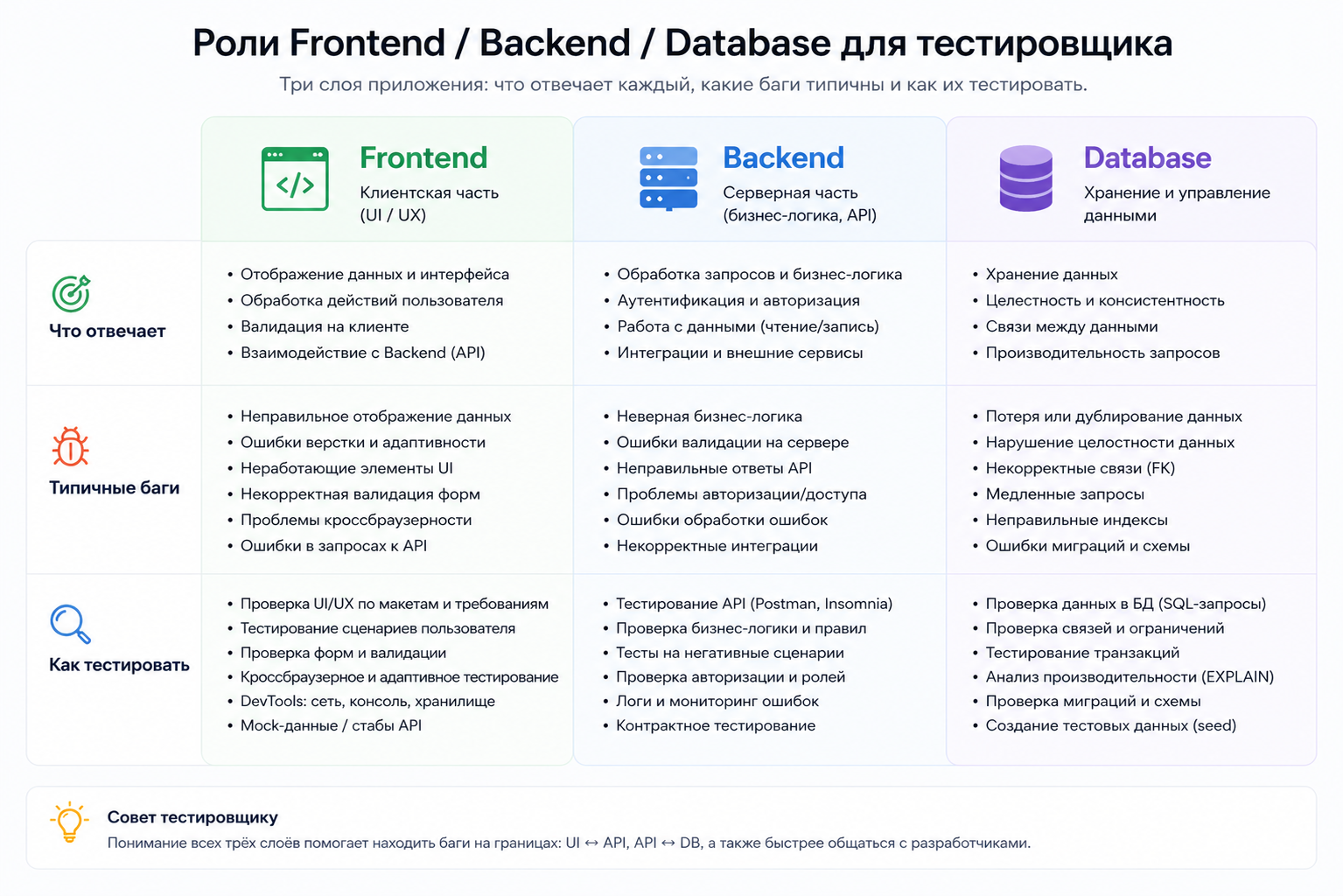 Роли Frontend, Backend и Database с точки зрения тестировщика