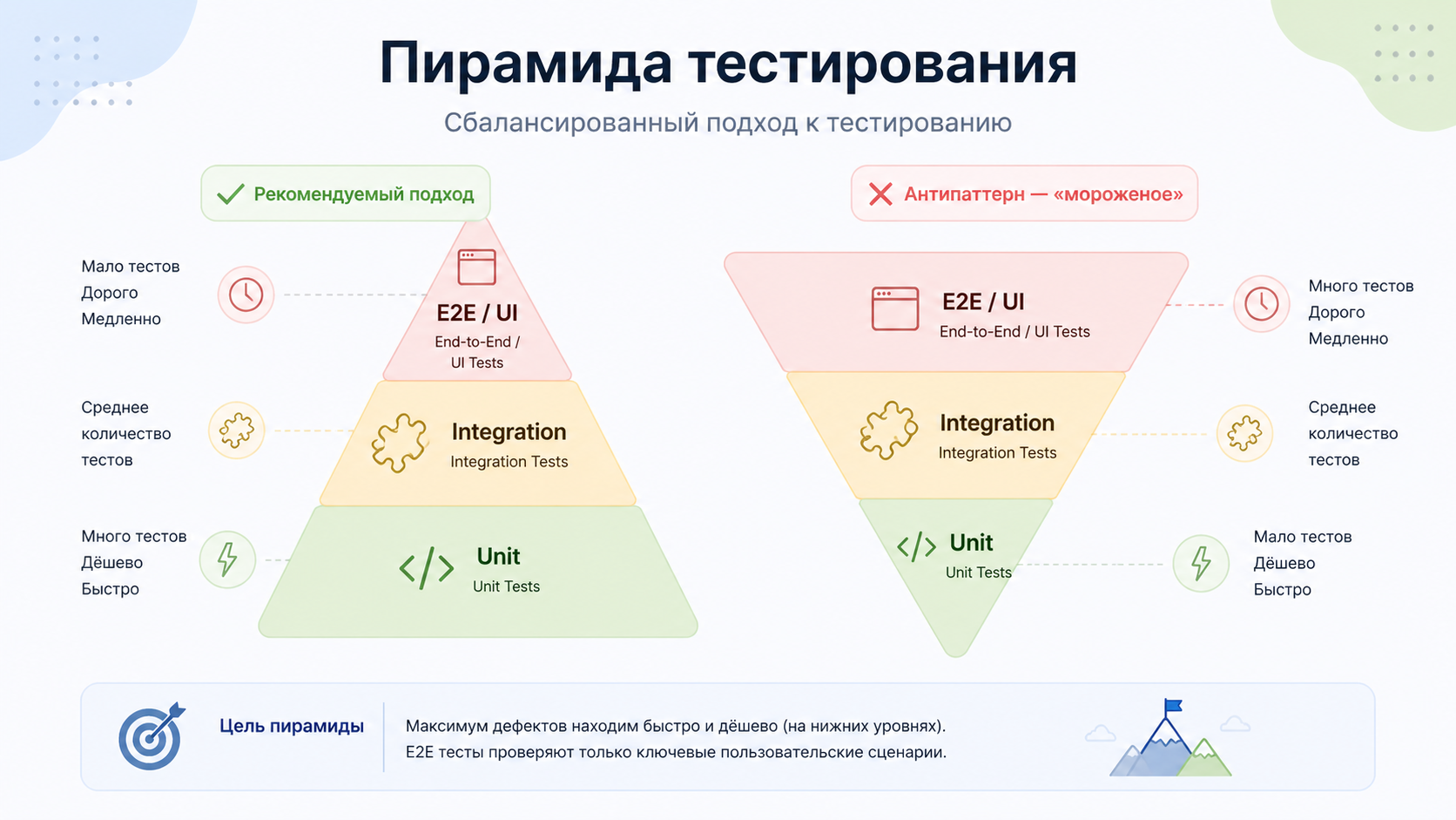 Пирамида тестирования: Unit → Integration → E2E